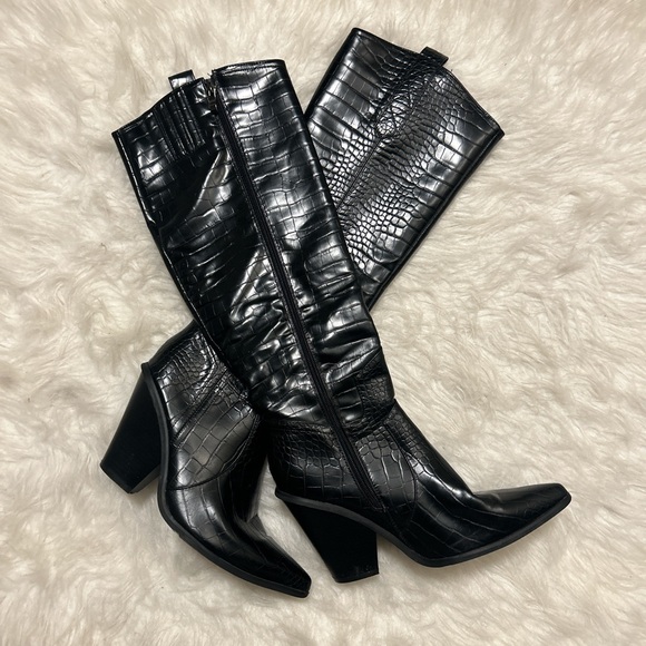 Y2K Retro Black Knee High Alligator Chunky Heeled Cowboy Boots 41 - Picture 4 of 10